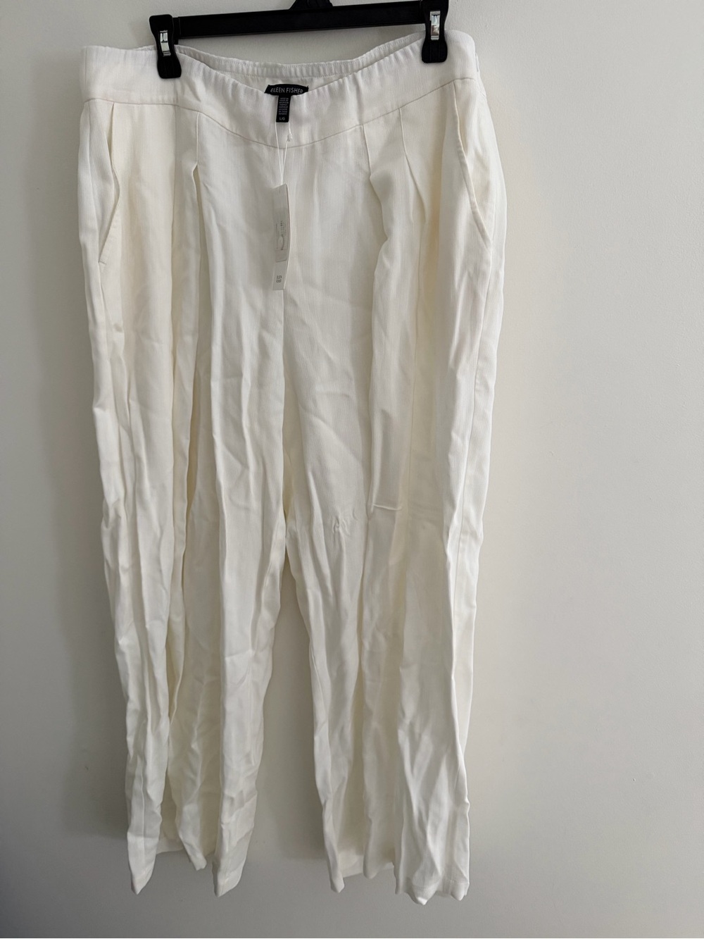 Eileen Fisher off white Tencel Pleated Pockets Corded Wide Leg Pant Size L NWT